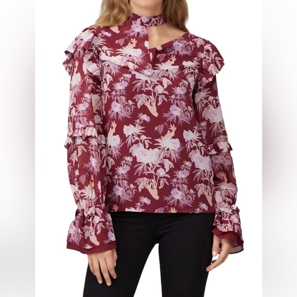 Three Floor โ Florry Georgette Asymmetrical Ruffle Choker Blouse Floral Size 10 - Picture 3 of 11